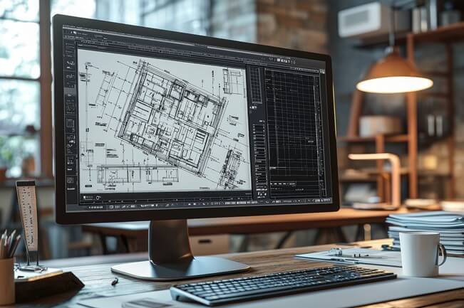 Computer showing millwork shop drawing on screen